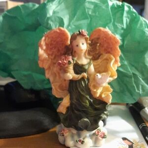 Porcelain Angel Figurine with Peach Wings and Olive Dress
